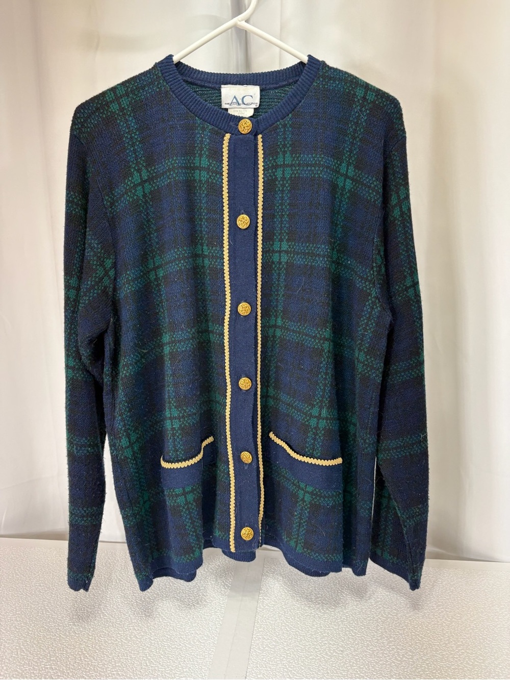 AC Navy & Green Plaid Cardigan with Gold Trim 4048